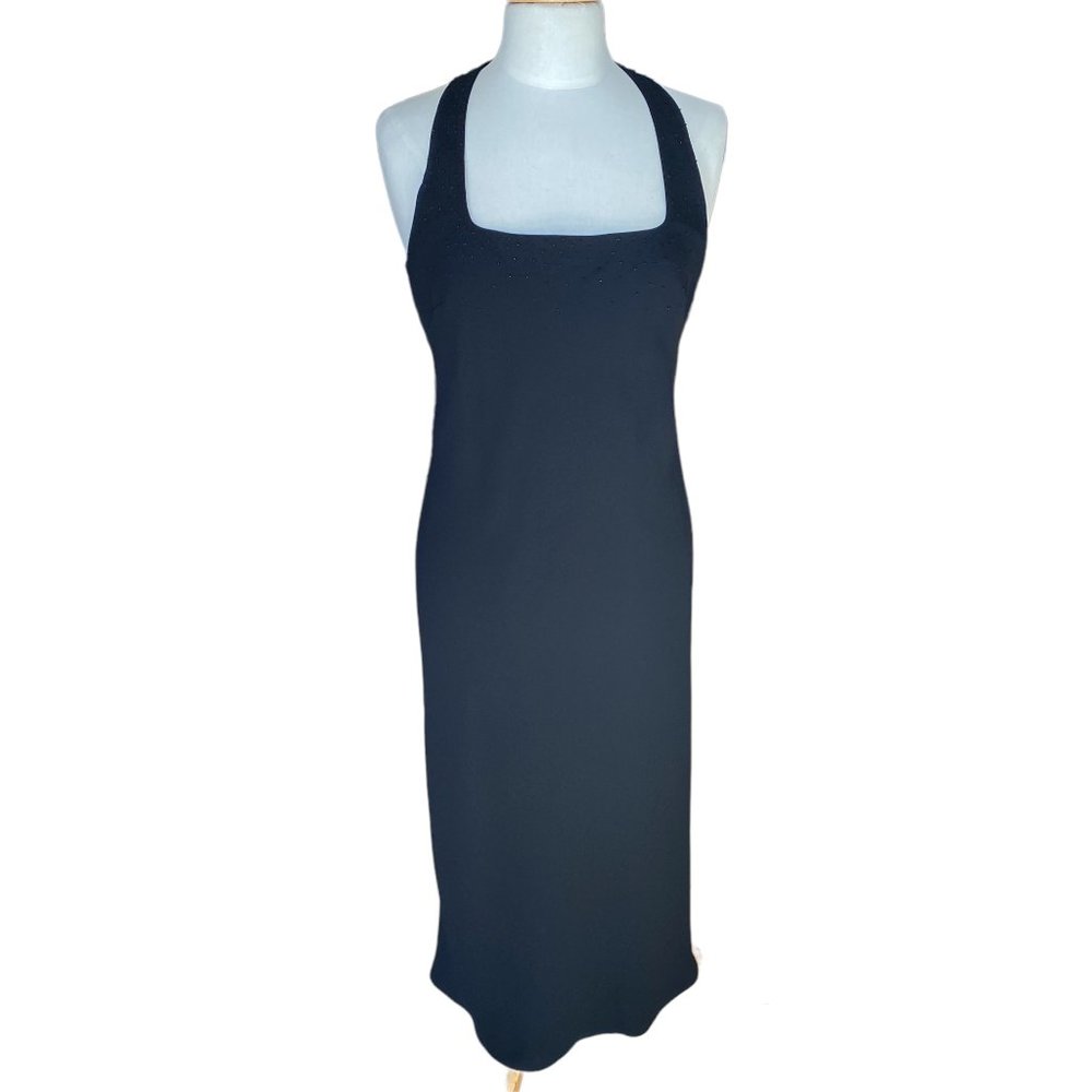 Vintage Evan Picone Black Beaded Halter Neck Maxi Dress LBD Cocktai Whimsigoth-8